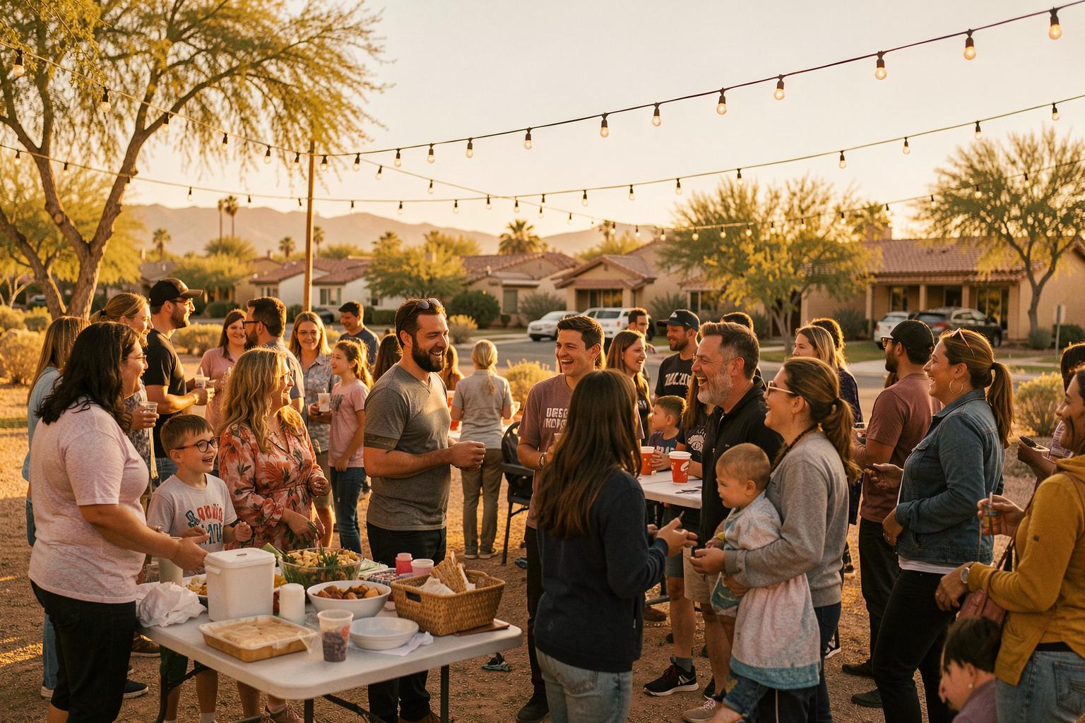 Neighbors gathered outdoors at a community event in a sunny desert park