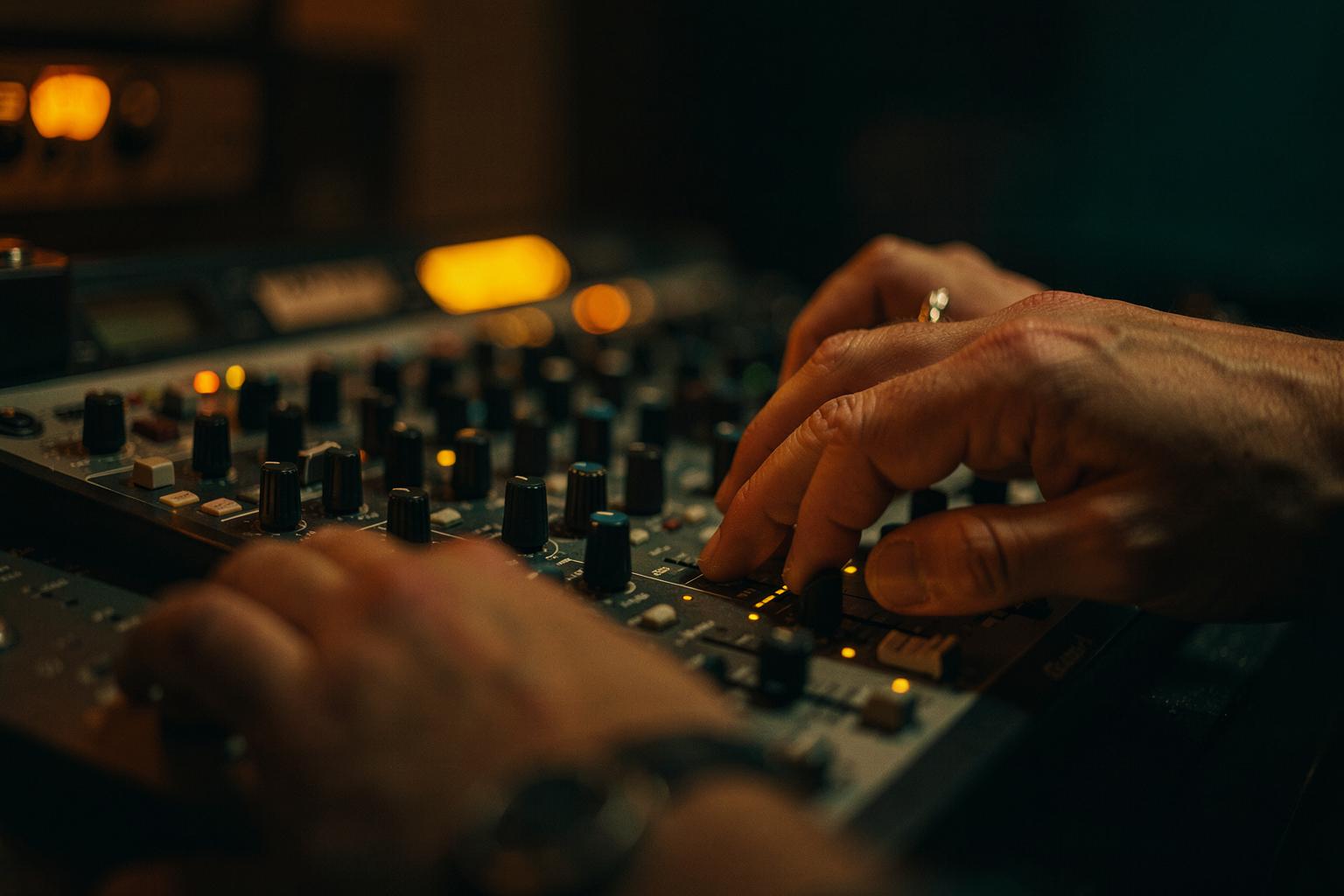 Hands adjusting a small audio mixing board with glowing level meters in a dimly lit studio